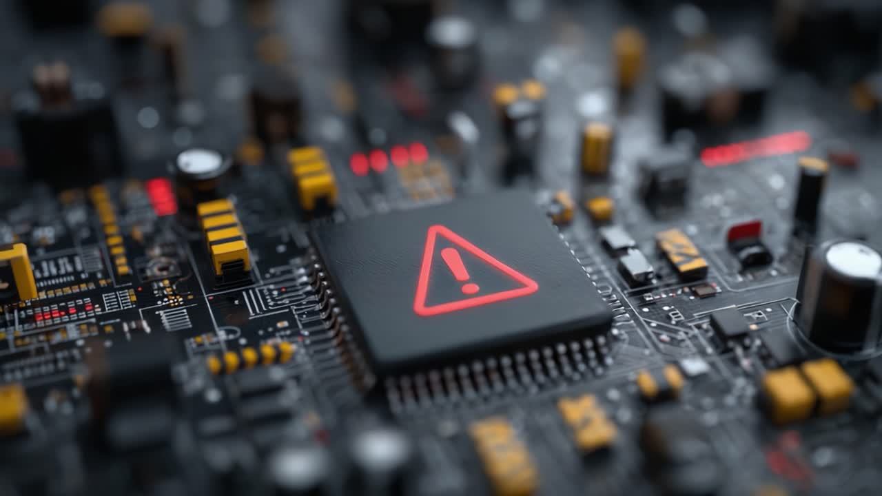Warning Signal on Circuit Board: Examining the Alert Indicator on a Complex Microprocessor Board with Components and Red Alert Symbols