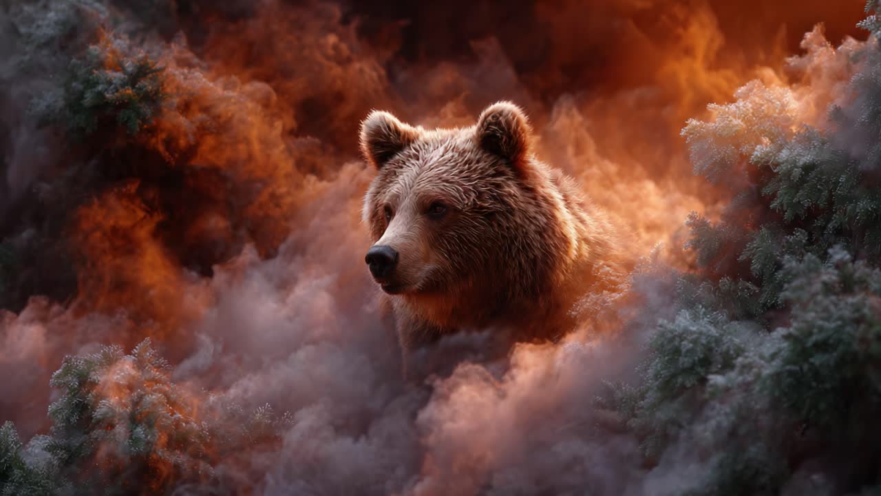 Majestic Brown Bear Surrounded by Lush Greenery and Ethereal Haze Captured in Stunning Detail Illustrating the Power of Nature and Wildlife