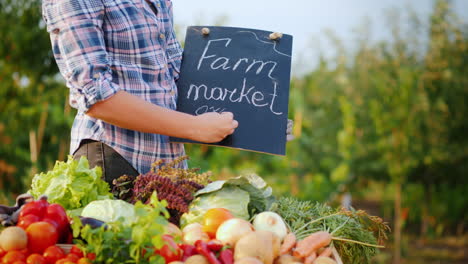 a farmer writes in chalk on the blackboard the word organic near the counter with fresh vegetables h