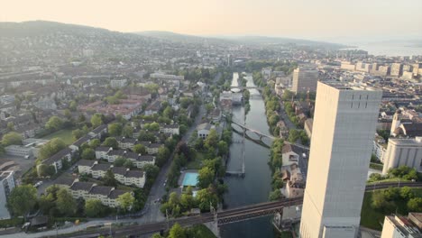 Aerial-view-from-Zurich,-the-capital-and-the-largest-city-in-Switzerland