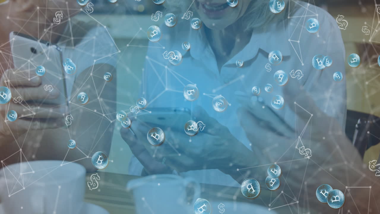 Seniors using smartphones while seeing floating bitcoin and dollar icons connecting finance network