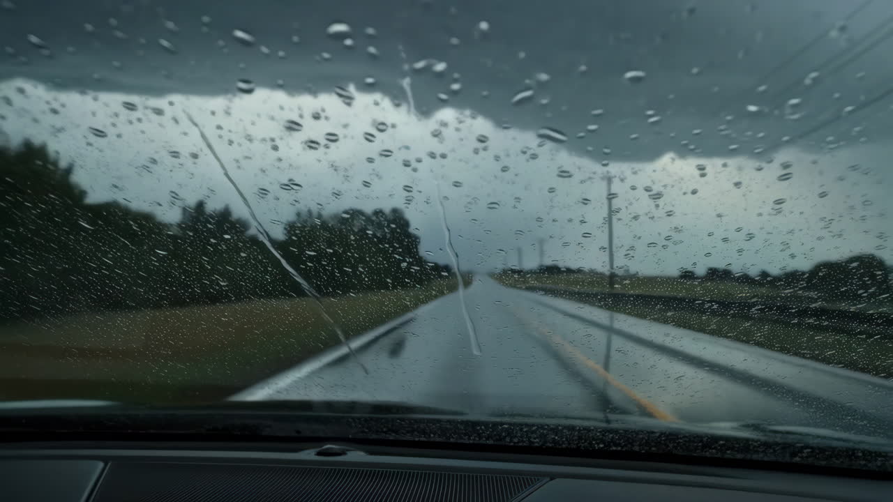 Driving on a wet road during a rain shower, viewed from inside a car