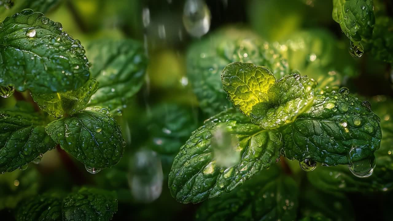 Vibrant Green Mint Leaves Sparkling with Fresh Dewdrops in Natural Light, Showcasing the Textures and Colors of Nature at Its Finest