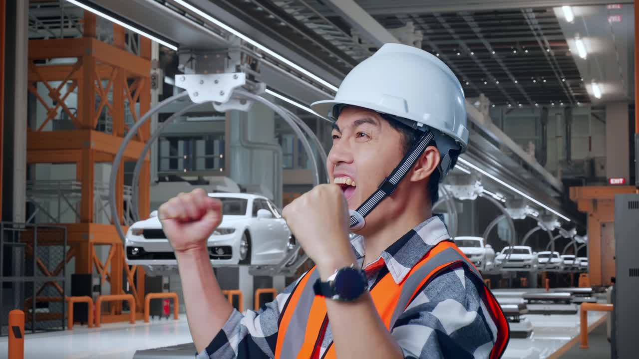 안전 헬을 착용한 아시아 남성 엔지니어가 ev 자동차 공장에서 일하는 것을 축하하는 목표를 외치고 있습니다.