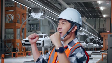 vista lateral de cerca de un ingeniero asiático con casco de seguridad gritando gol celebrando trabajando en una fábrica de automóviles ev