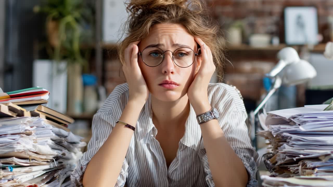 A Young Woman in Distress Confronts an Overwhelming Amount of Paperwork and Stress in Her Workspace, Highlighting the Challenges of Modern Professional Life