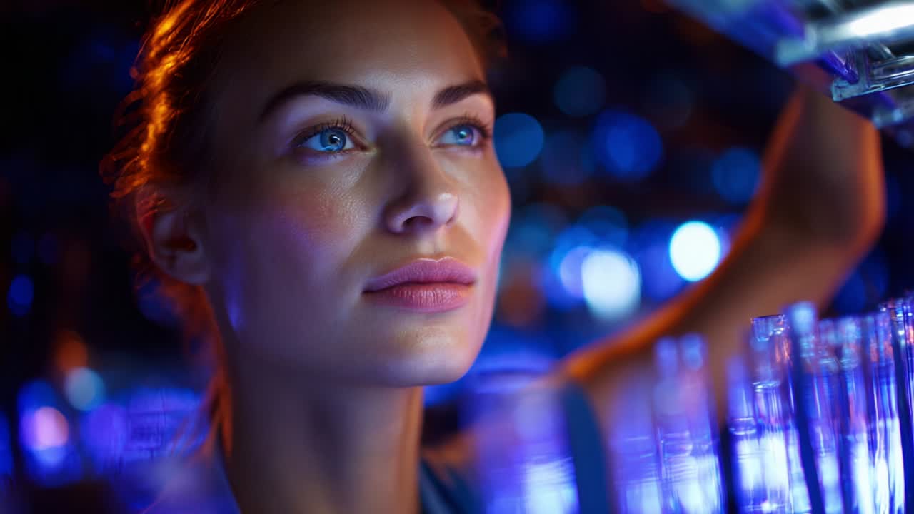 A Glimpse into Serenity: A Young Woman Captivatingly Engaged with Glimmering Glassware in a Blue-lit Ambience, Transforming a Simple Moment into a Mesmerizing Display of Beauty and Stillness