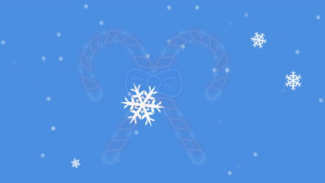 animación de copos de nieve cayendo sobre el icono de caña de neón contra un fondo azul con espacio de copia