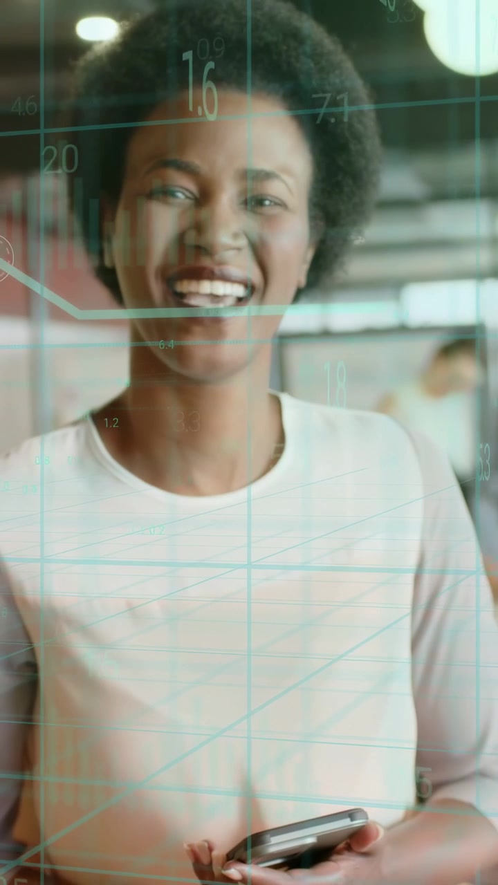 Vertical video: Woman reading phone in tech teal HUD tracking face lifting gaze and laughing