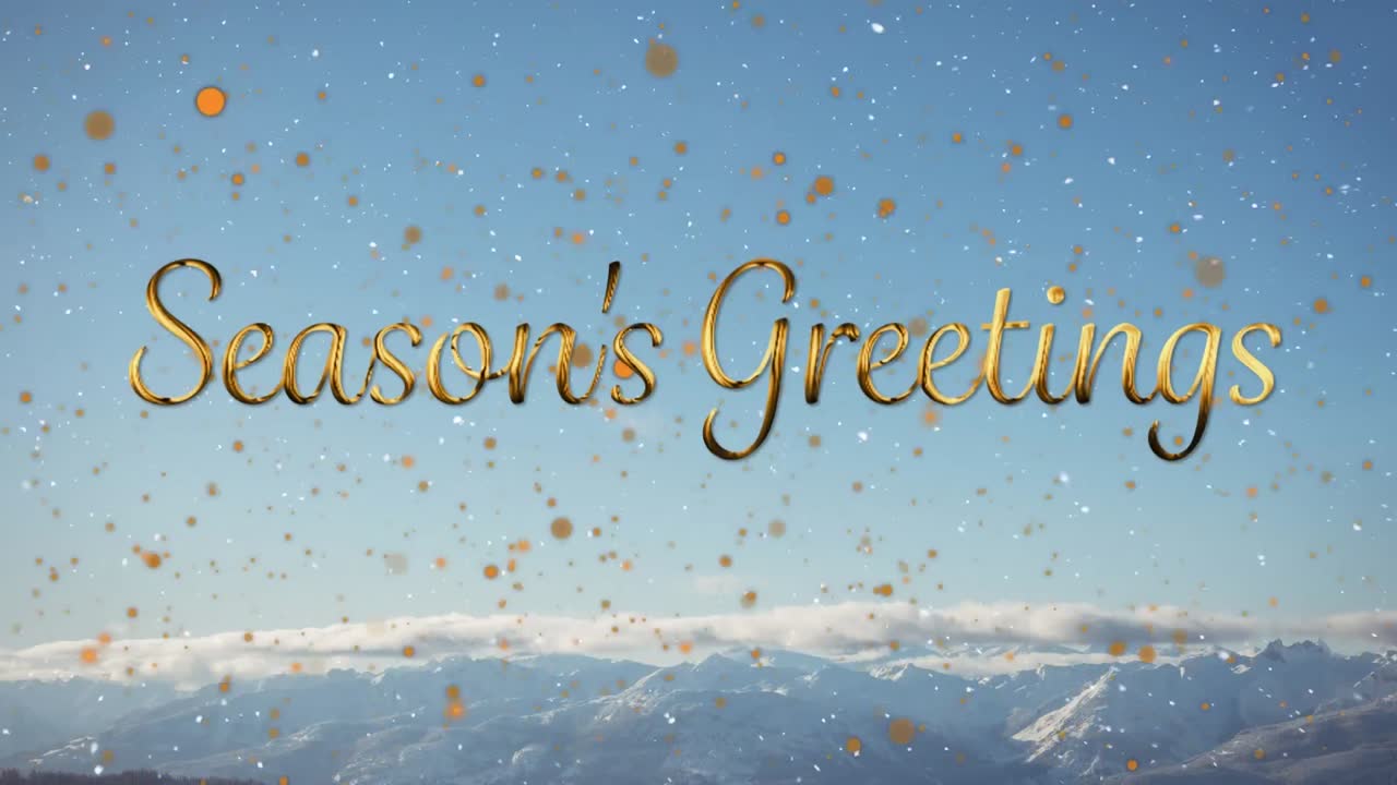 Animation of season's greetings and snow falling over winter countryside scenery