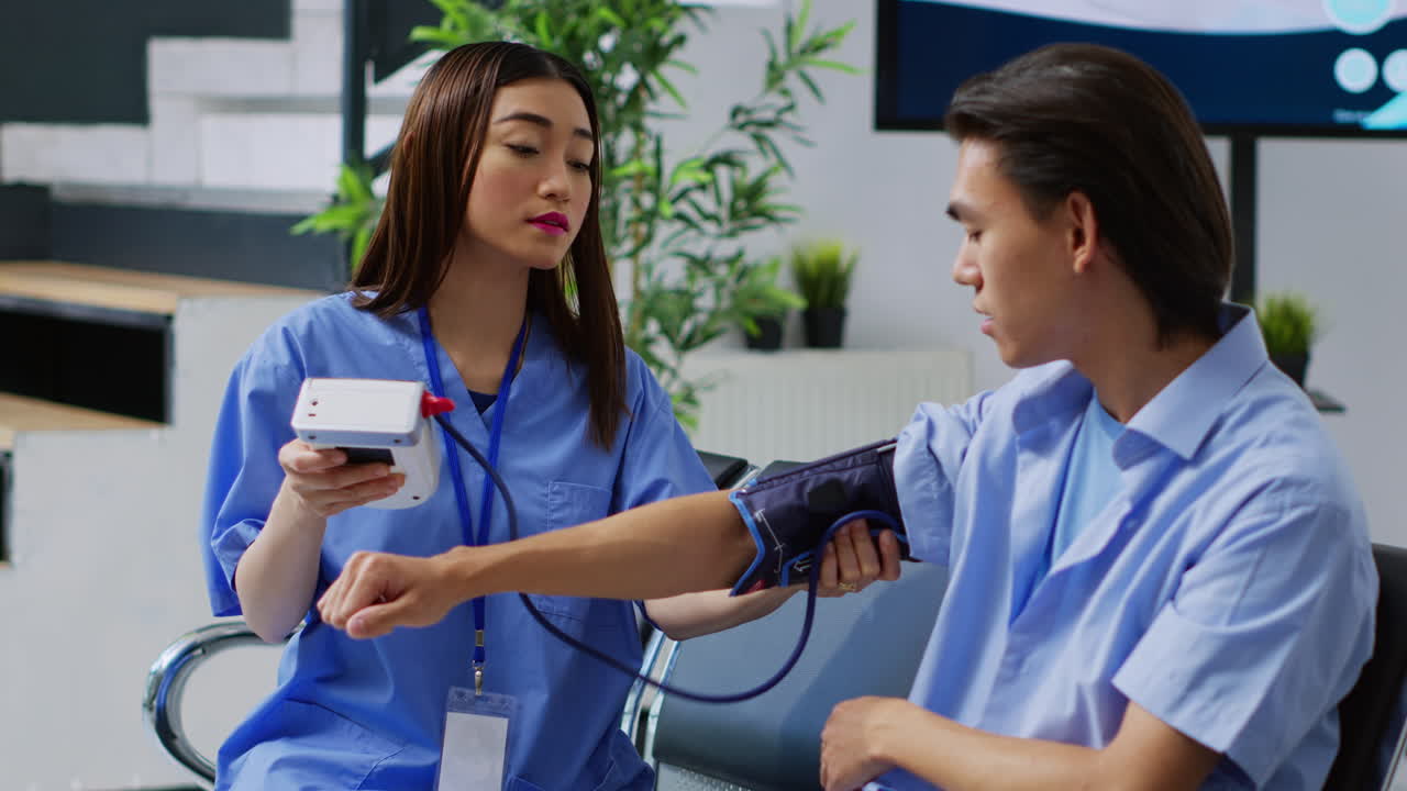 Nurse taking patient's blood pressure in hospital waiting area