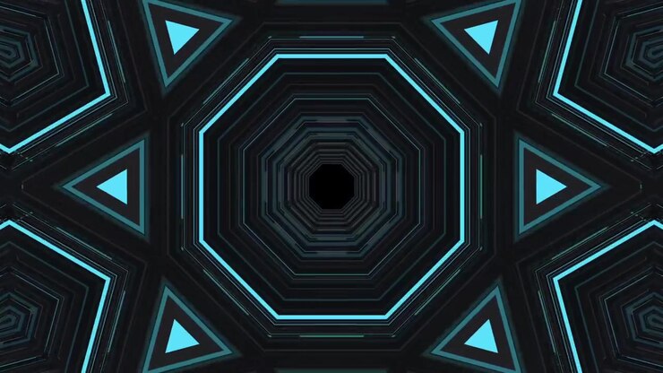 Túnel Geométrico Abstrato com Luzes de Néon Azuis Pulsantes