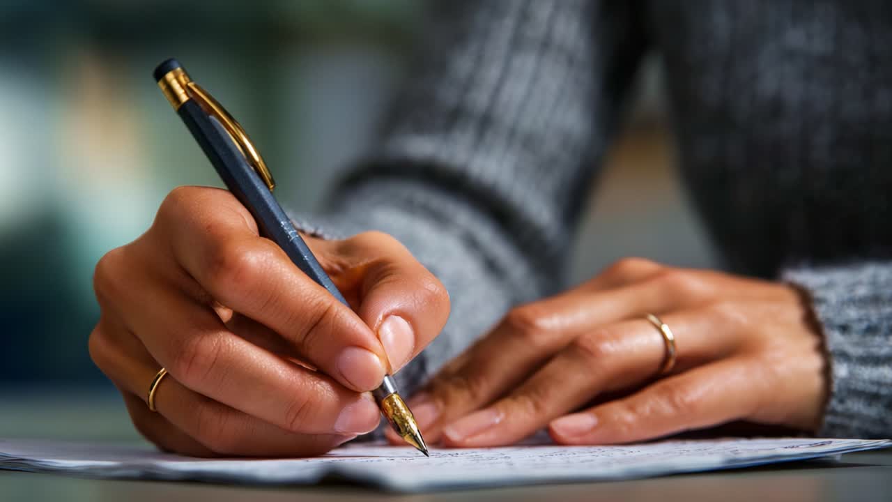 Eine Nahaufnahme von Händen, die geschickt mit einem Stift auf ein Blatt Papier schreiben und dabei die Essenz fokussierter Kreativität und durchdachten Ausdrucks in Aktion einfangen