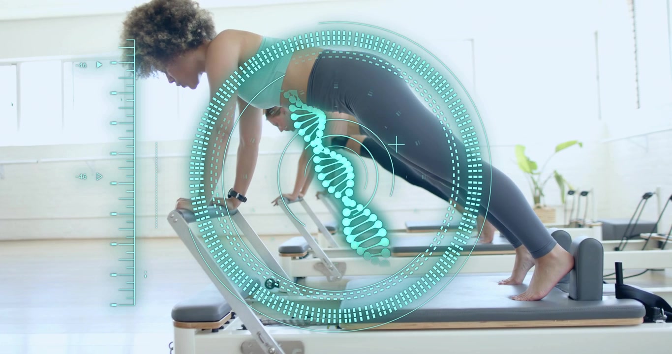 Woman stepping onto Pilates reformer sliding carriage into pike, pulse DNA overlay for biofeedback