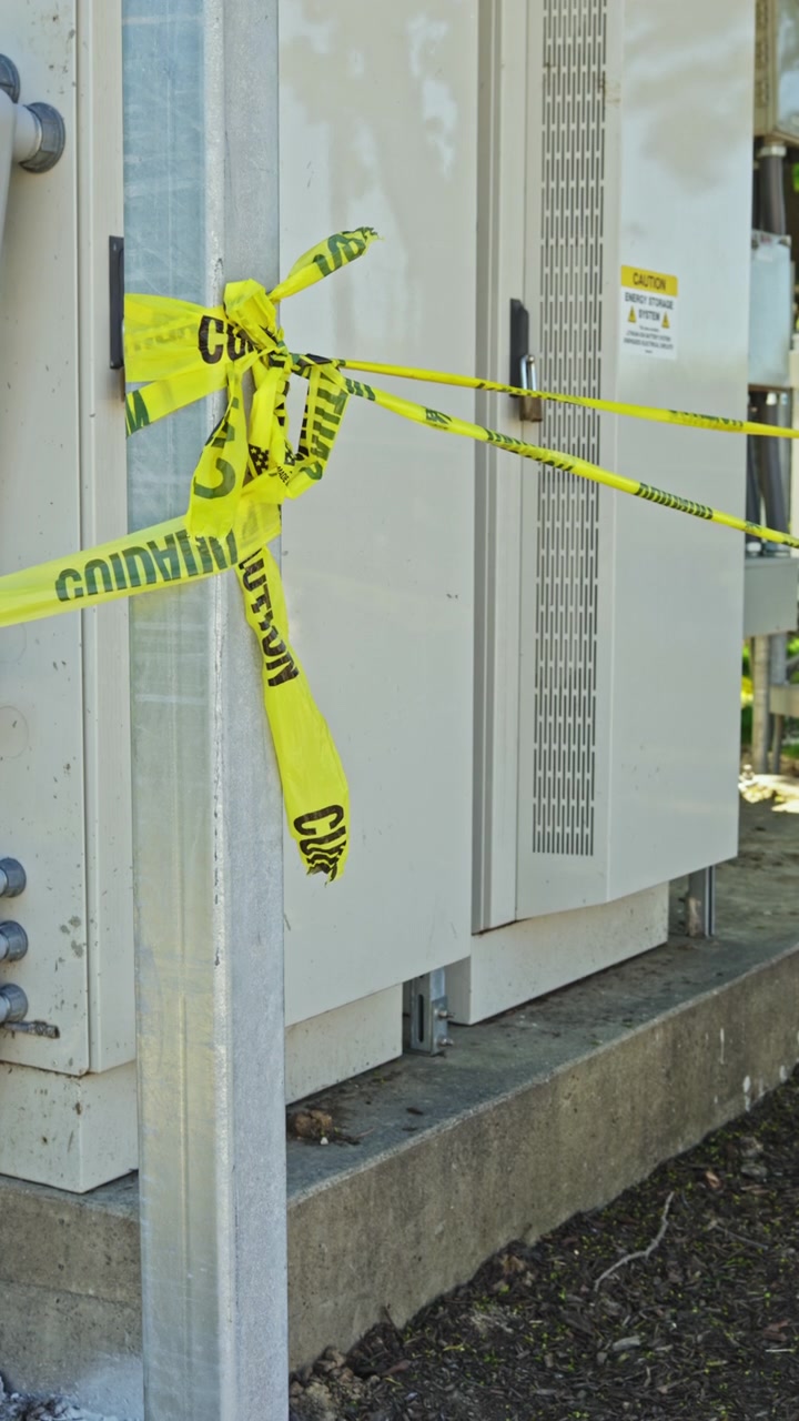 Nastro di segnalazione avvolto attorno a un palo dell'elettricità vicino ad apparecchiature elettriche in un'area suburbana di giorno