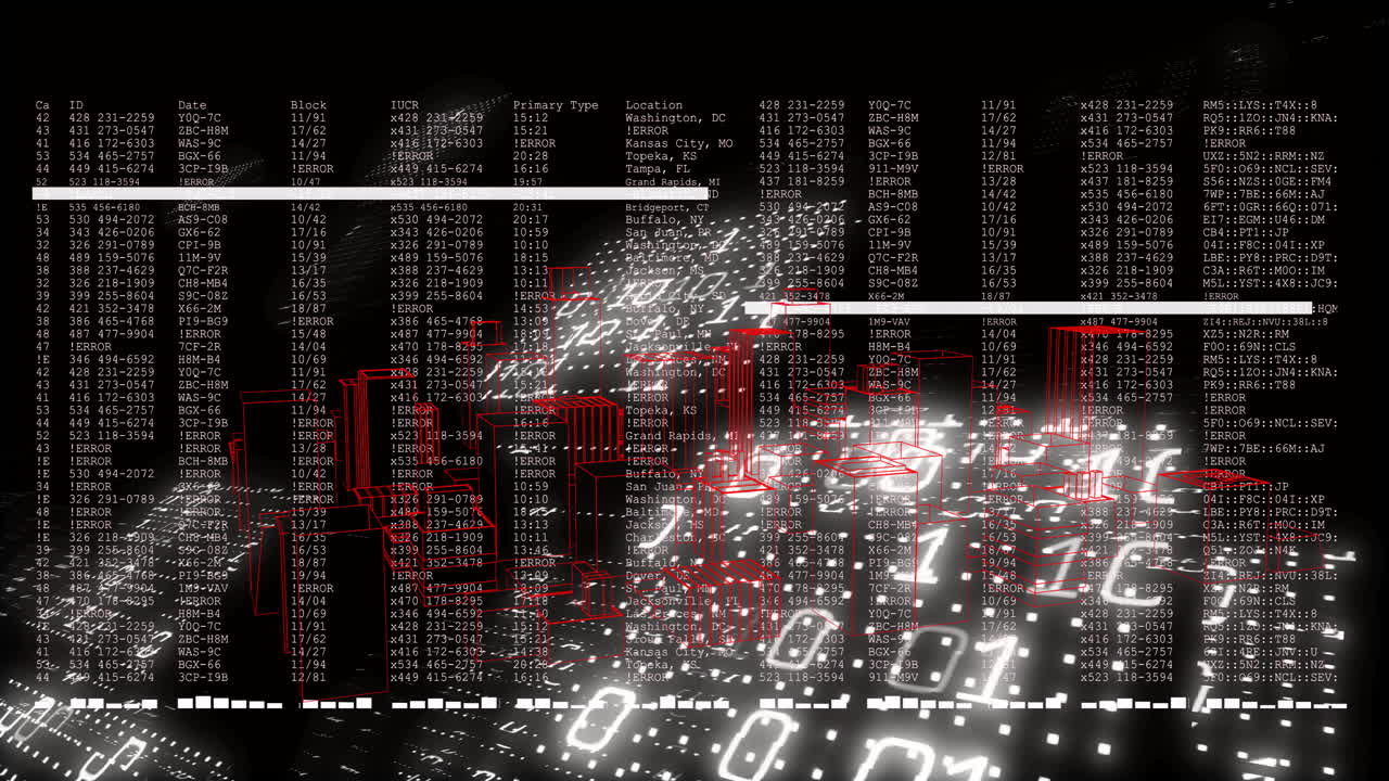 Animation of digital data and code overlaying glowing cityscape at night