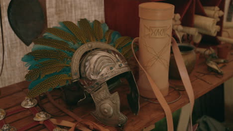 roman helmet display with accessories