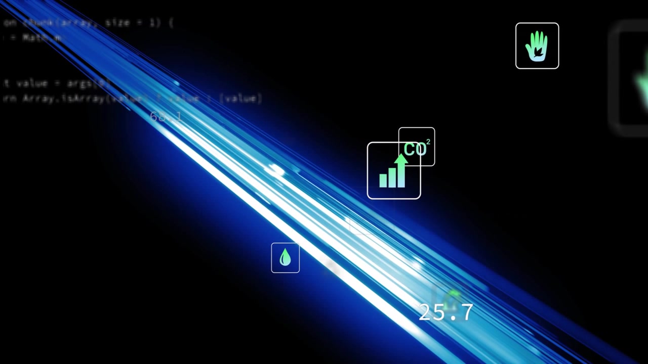 Bright blue band sweeping from upper-left, passing icons and readouts, visualizing metrics