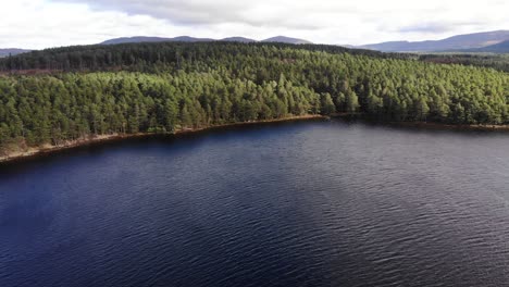 Vista-Aérea-Del-Lago-An-Eilein-Rodeado-De-Pinos-Del-Bosque-De-Rothiemurchus