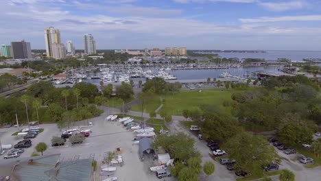 4k aerial drone video of luxury sailboats at marina on tampa bay in downtown st