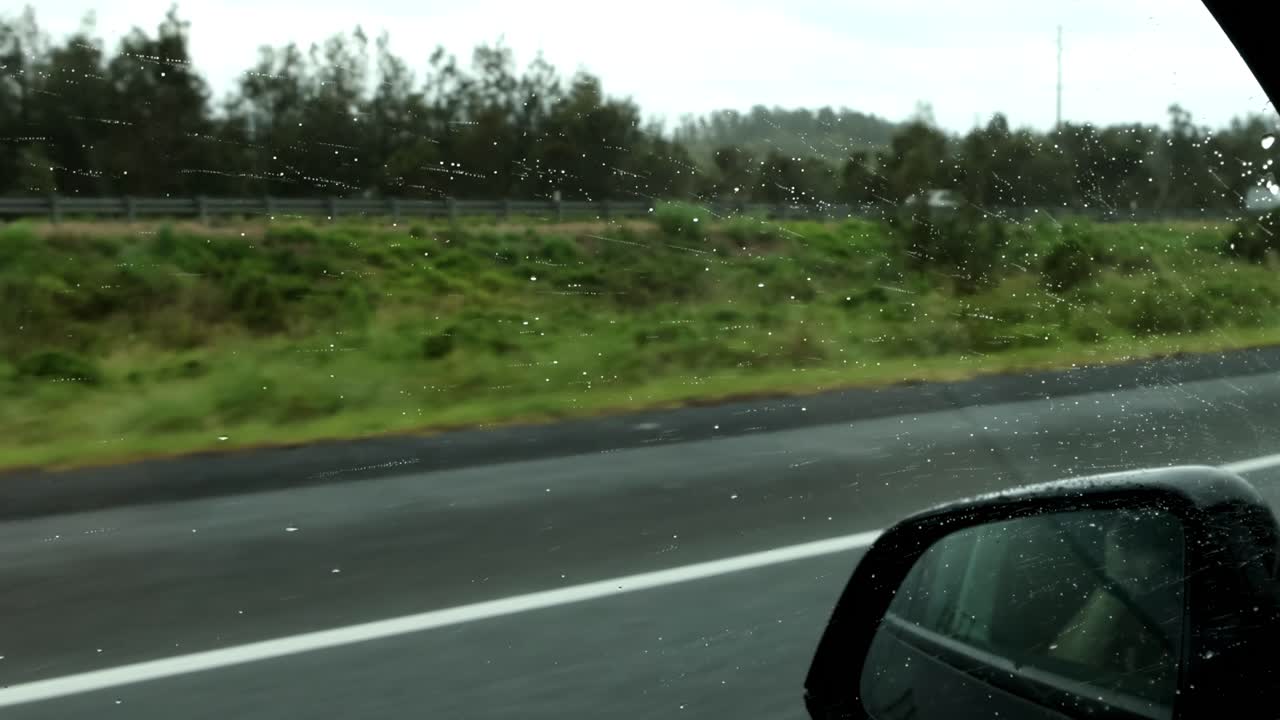 View from a car window during a rainy drive, showcasing green fields and roadside scenery.