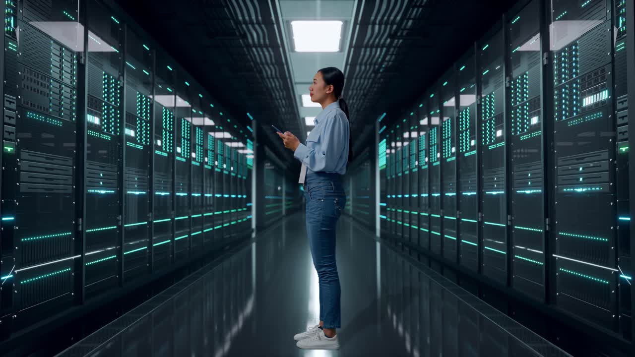Helkropsbillede fra siden af en asiatisk kvindelig medarbejder med sin telefon i serverrummets datacentrum. Hun observerer ved at kigge sig omkring, før hun koncentrerer sig om sin smartphone.