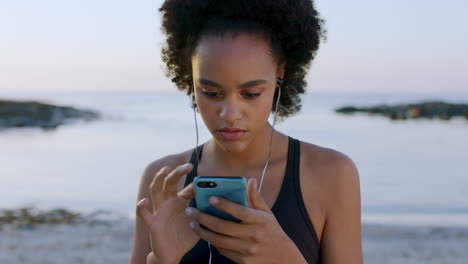 black woman, smartphone and listening to music