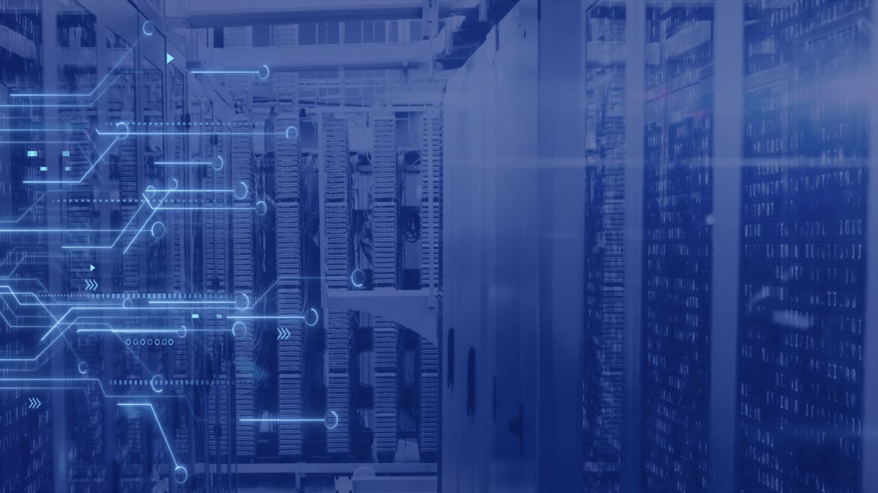Animation of circuit board and data processing over computer servers