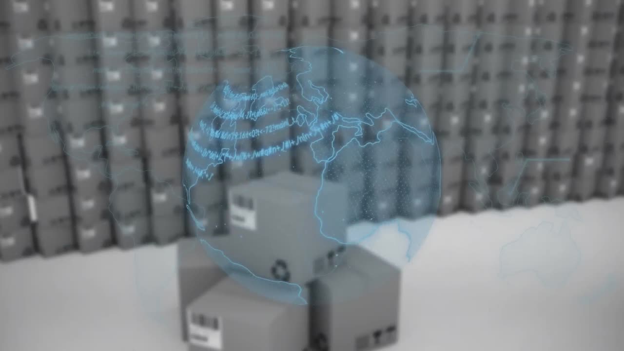Animation af globus og databehandling over kasser på lager