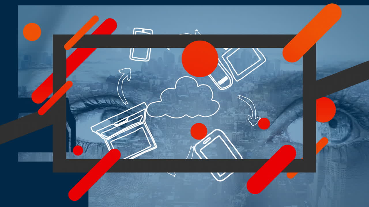 Animation of cloud computing symbols and arrows over cityscape with human eyes