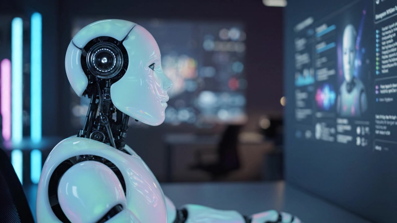 Advanced Robot Technology: A Close-Up View of a Futuristic Human-Like Robot in a Modern Environment, Enhancing Interaction and Artificial Intelligence Development
