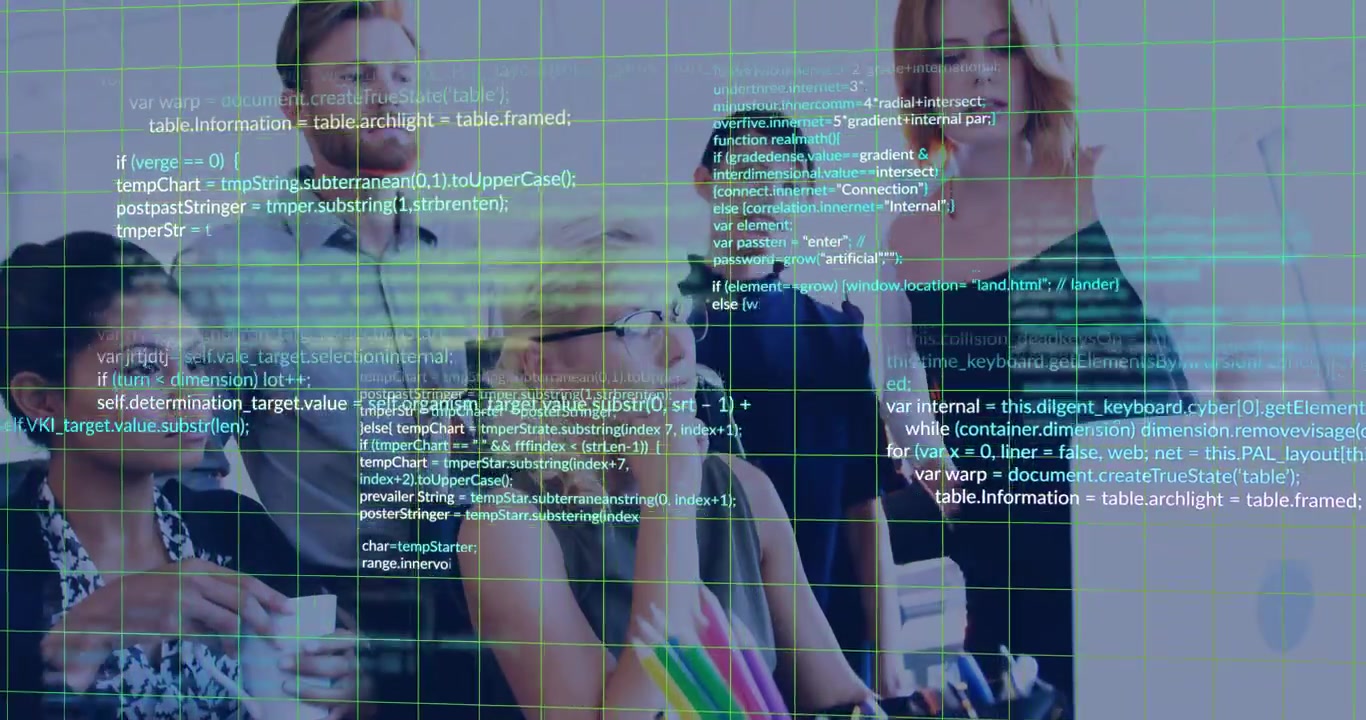 Five professionals responding to code overlay emerging on monitor, collaborating on tech review