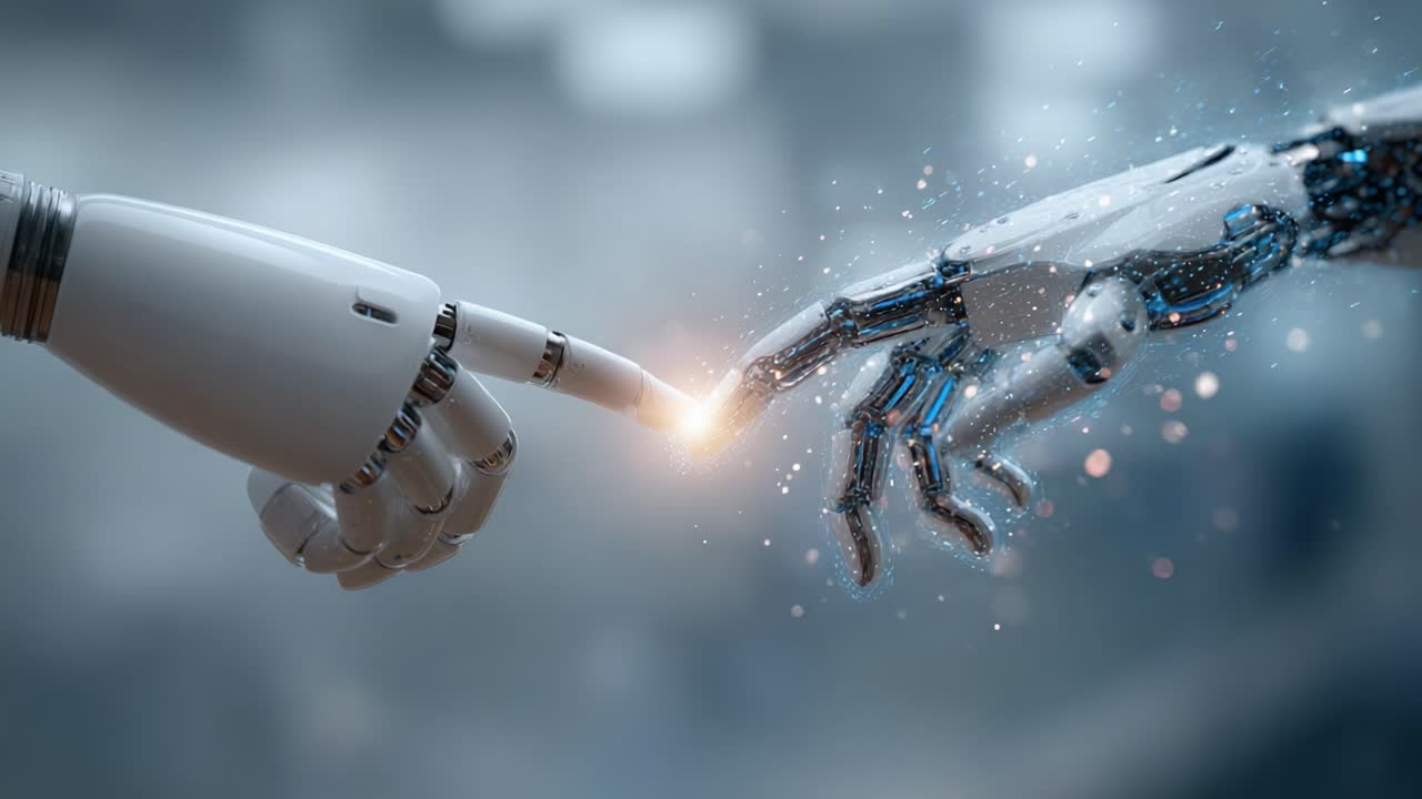 A Transformative Moment Symbolizing Unity Between Humanity and Technology Through the Connection of Human and Robotic Hands in Motion