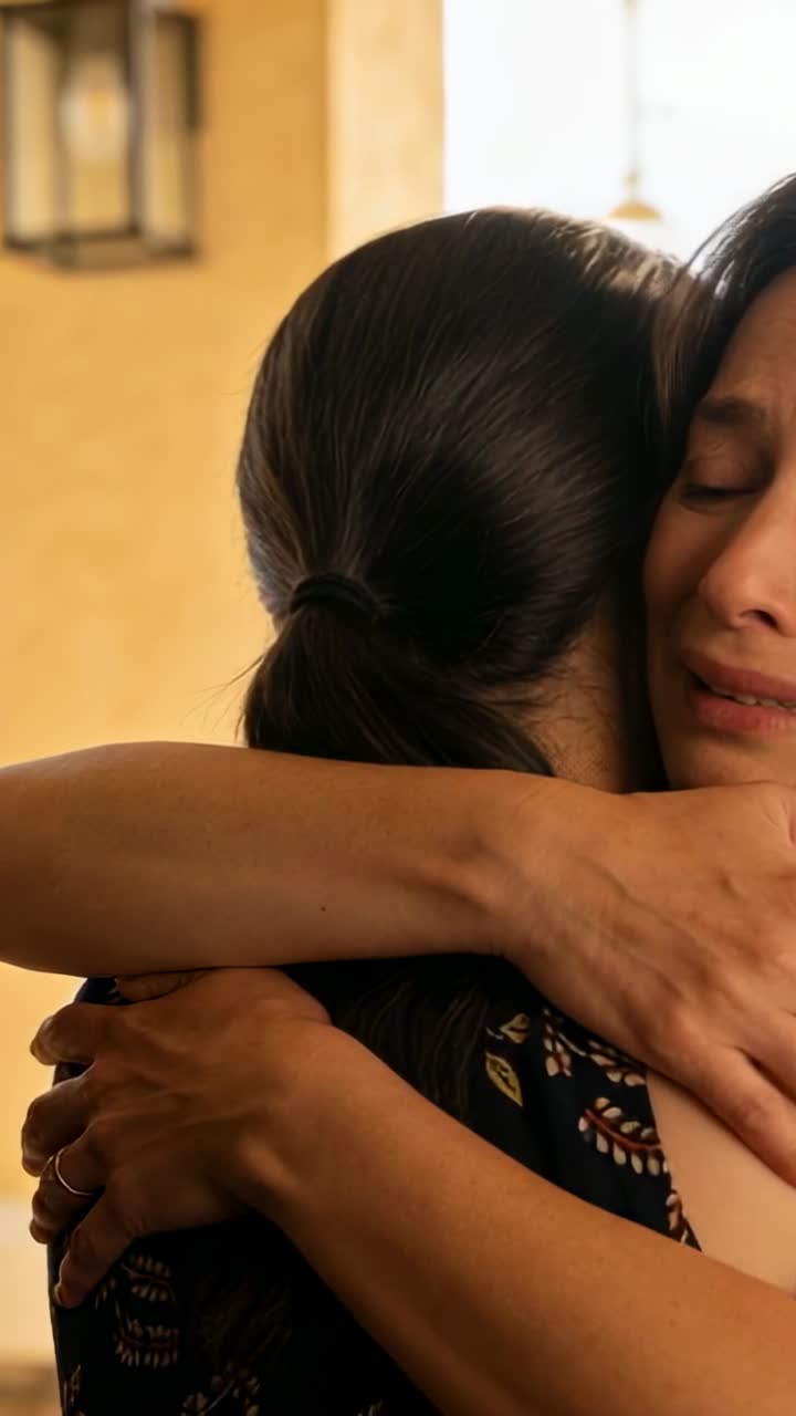 Video verticale: Due donne che si abbracciano e cercano conforto a casa, con le lacrime che affiorano, fede nuziale in evidenza.