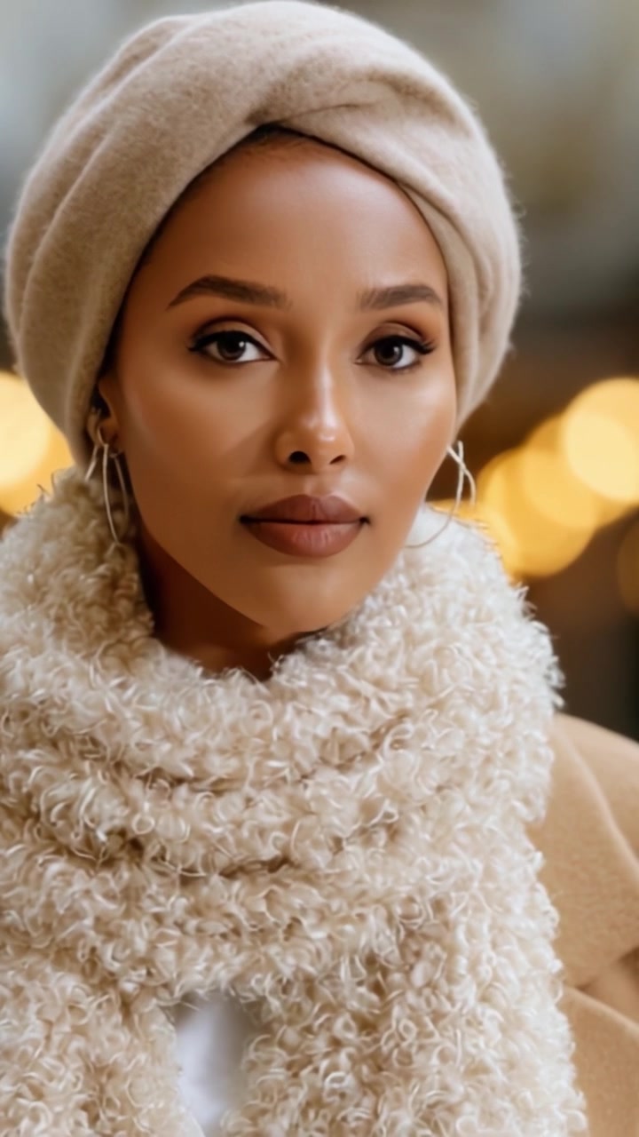 Elegante ritratto di una giovane donna in un'accogliente moda invernale: che cattura la bellezza e il calore dello stile stagionale con accessori chic e un trucco discreto.