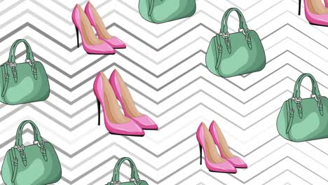 Animation-of-high-heels-and-handbag-repeated-on-white-background