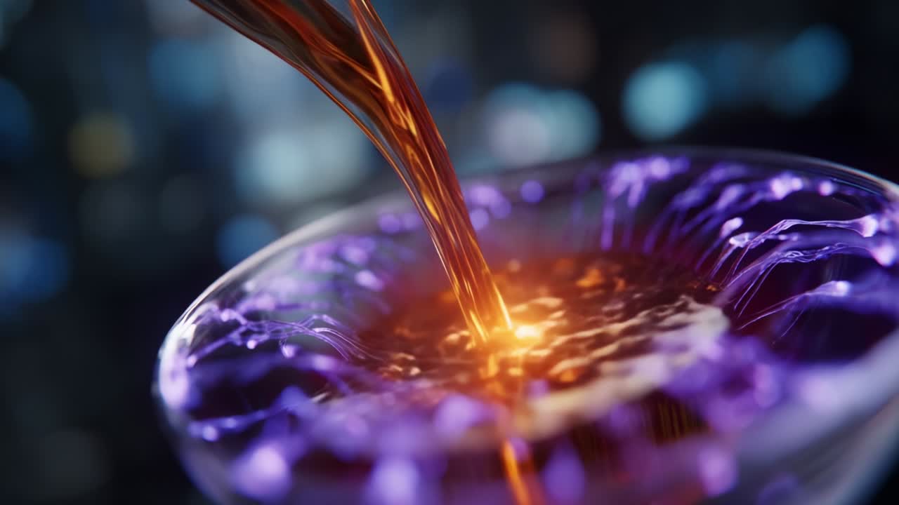 A mesmerizing pour of a vibrant liquid into a reflective glass vessel, capturing the stunning interplay of colors and light in an abstract, artistic display of fluid dynamics and visual beauty