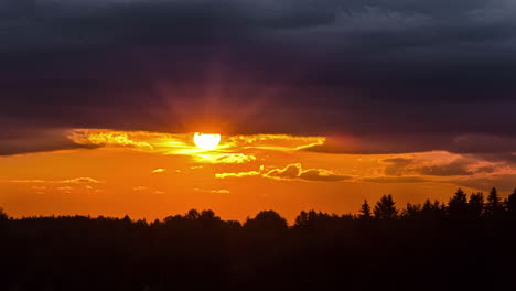 Zeitrafferaufnahme-Dunkler-Wolken,-Die-Während-Des-Sonnenuntergangs-Am-Himmel-Fliegen,-Mit-Goldener-Sonne-Im-Hintergrund-–-Silhouette-Eines-Baumwaldes-Im-Vordergrund