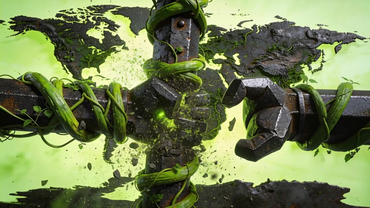 Approaching third metal hand joining crossbar amid green vines, forcing rupture and energy release