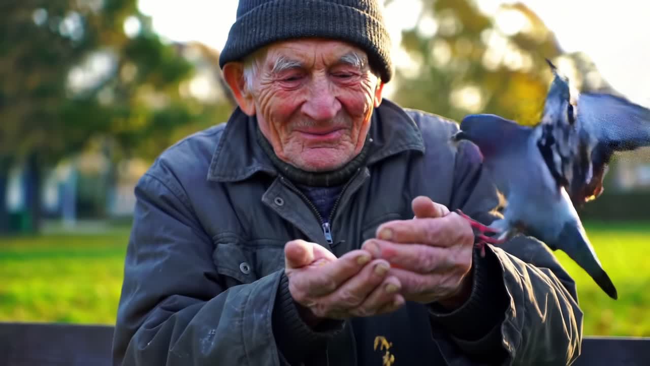 An Elderly Man Joyfully Tossing Seeds in the Park, Sharing Moments of Happiness with Nature and Birds as They Gather Around Him, Embracing Life's Simple Pleasures