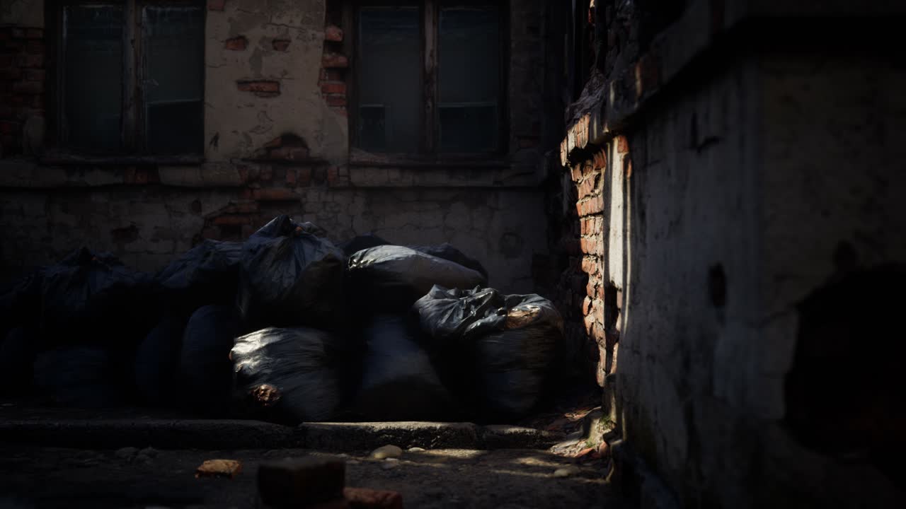 도시 건물 밖 의  ⁇ 도 에 있는 플라스틱 쓰레기 봉투