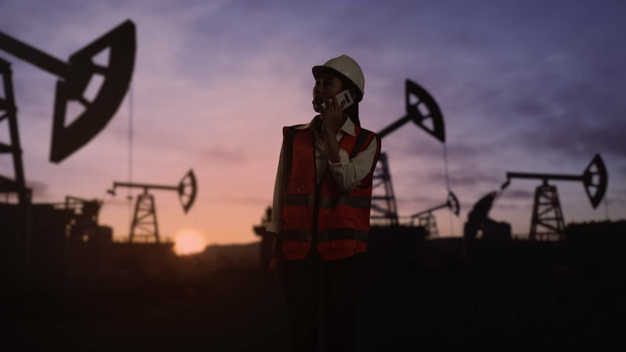 ingeniera asiática con casco de seguridad hablando en teléfono inteligente inspecciona bombas de petróleo al amanecer en un gran campo petrolífero