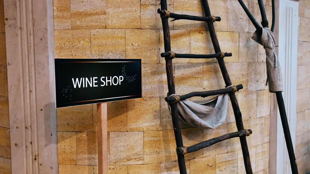 Insegna di enoteca con strumenti di legno fatti a mano vicino al muro