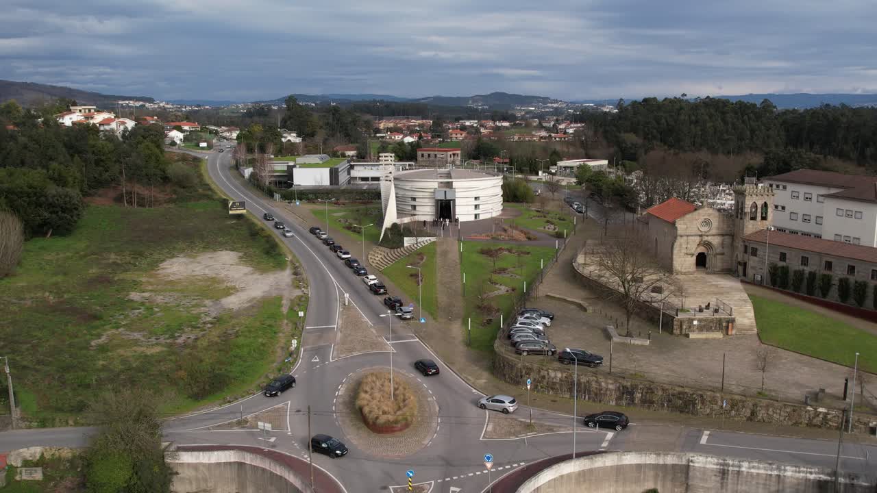 Aerial - modern and historic churches in Santiago de Antas Famalicão town