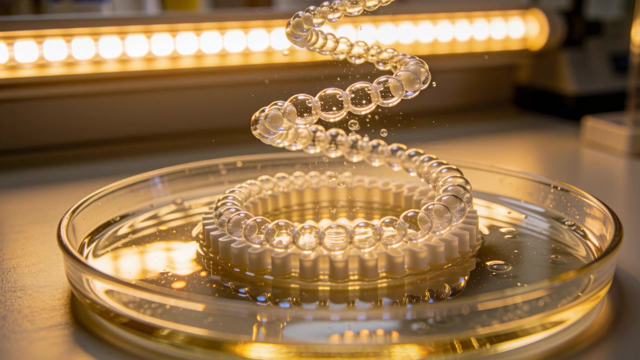 Elica che si forma, sale e si avvolge a spirale da un anello dentato in una piastra di Petri per un esperimento sotto un LED caldo