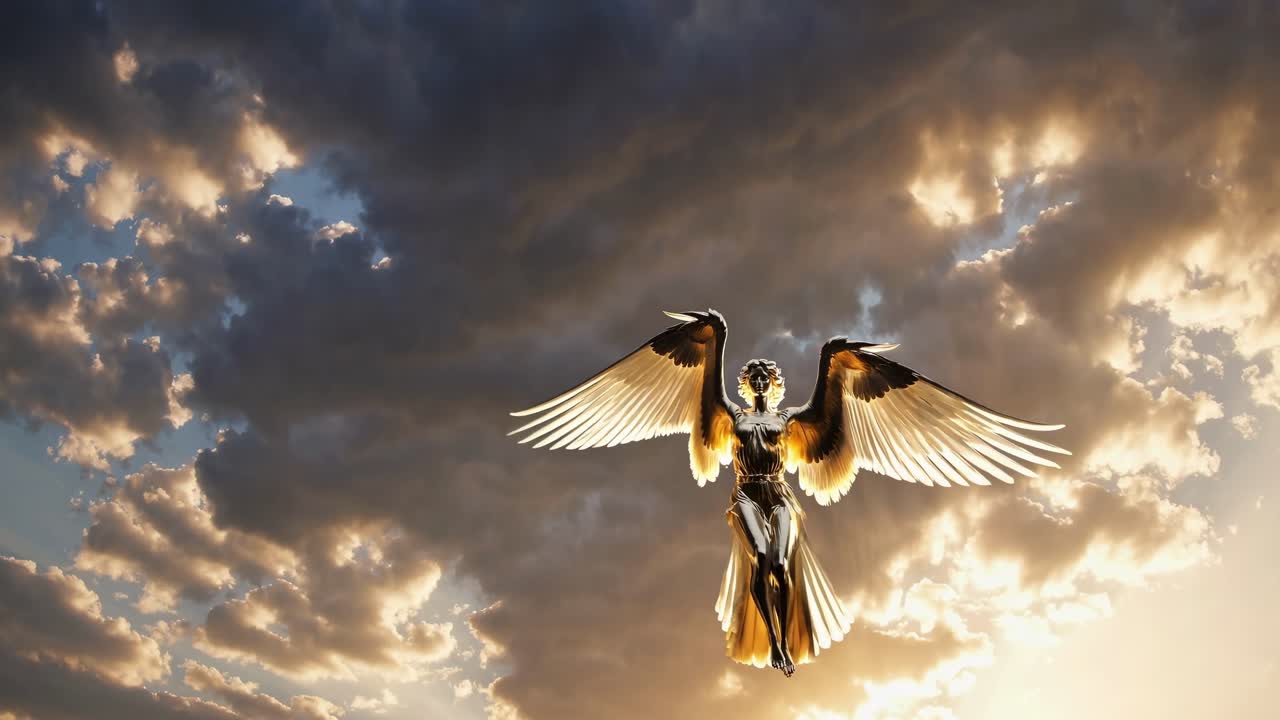 A celestial figure with wings soars against a dramatic sunset sky