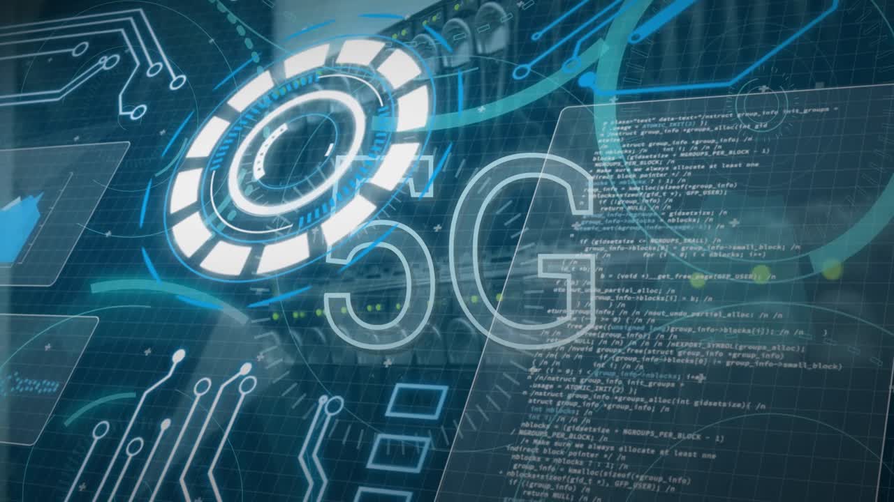 animación de texto 5g y procesamiento de datos sobre fondo oscuro