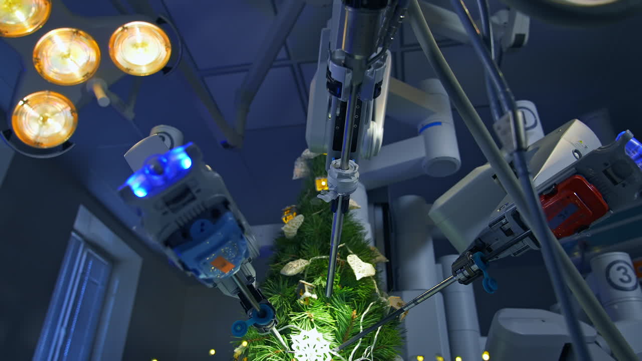 Robotic surgery for neurosurgery operation. Close up of machine arm surgeon in futuristic operation room