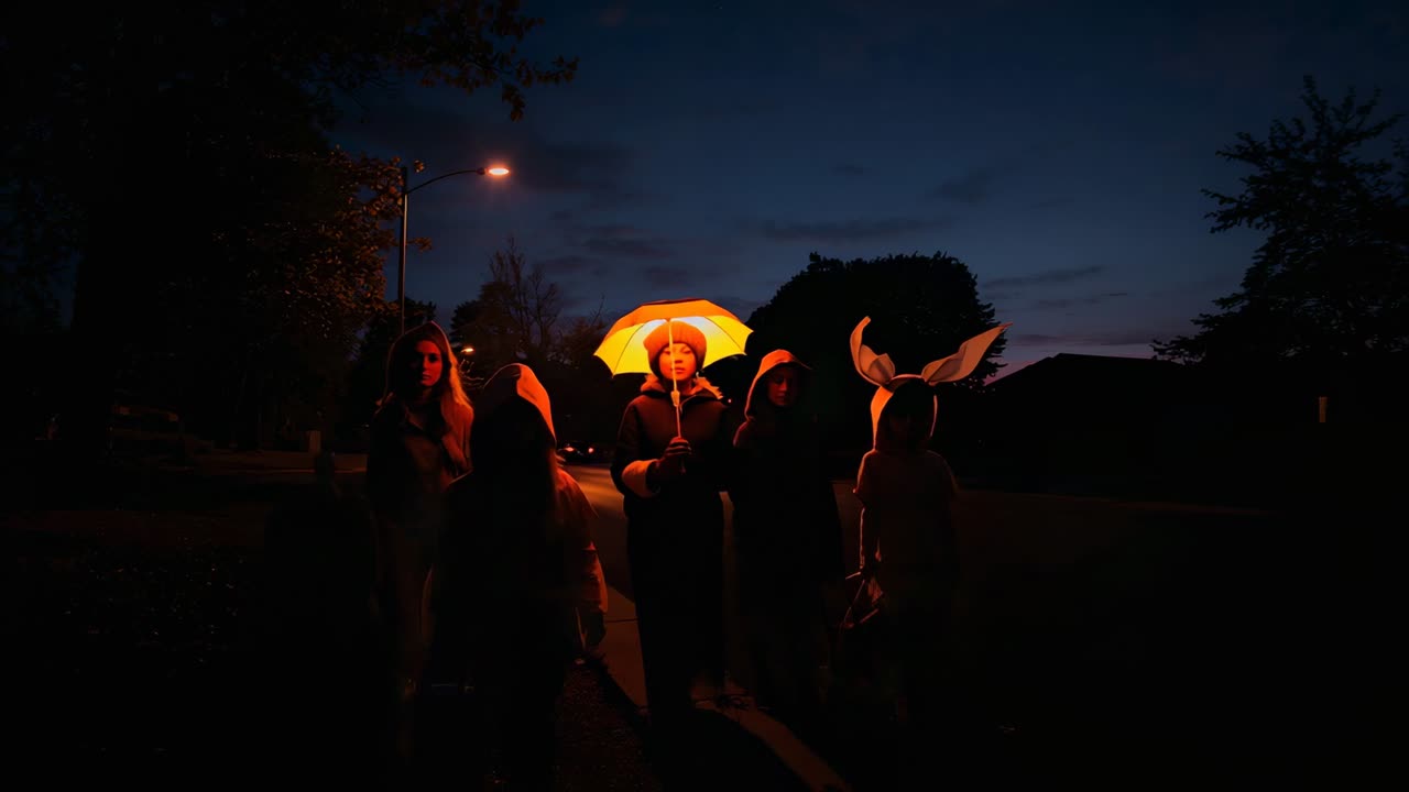 Cinco niños disfrazados caminan por la acera de un barrio residencial, llevan cubos y levantan un paraguas bajo la farola.