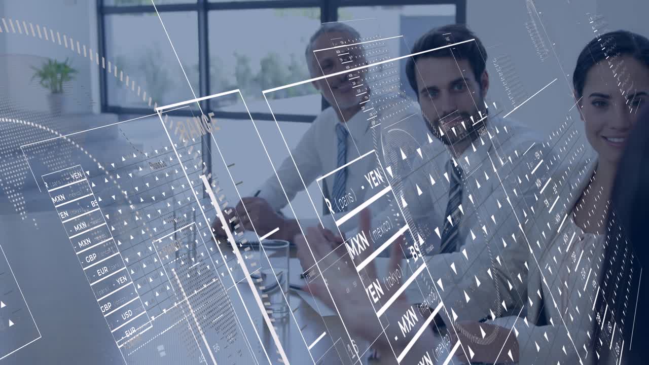 Animation of data processing over caucasian business people in office